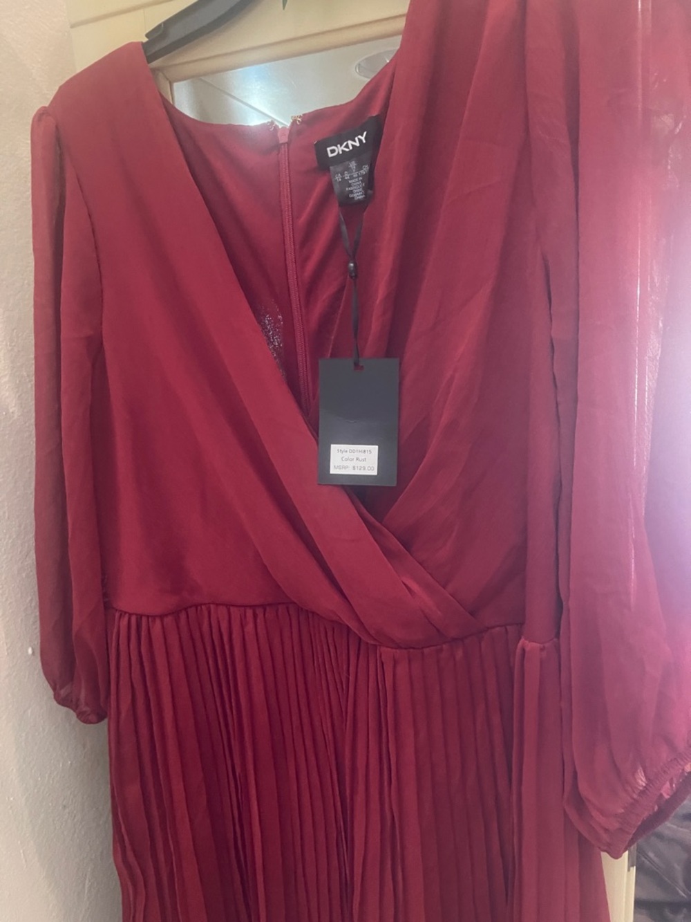 DKNY Deep Red Long Sleeve Pleated Wrap Dress